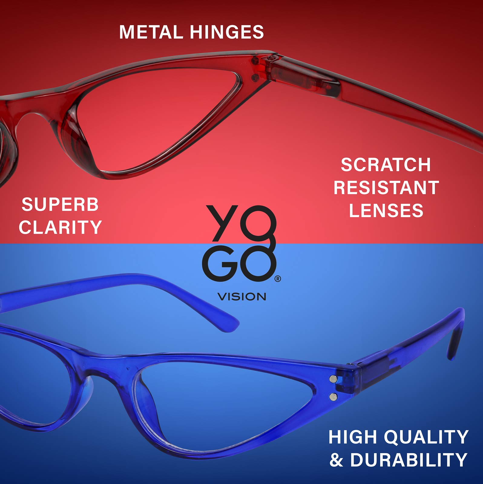 Yogo Vision Okulary do czytania chroniące przed niebieskim światłem, małe okulary w kształcie kociego oka, dla kobiet, lekkie, z zamkiem, nieodblaskowe, 5 sztuk