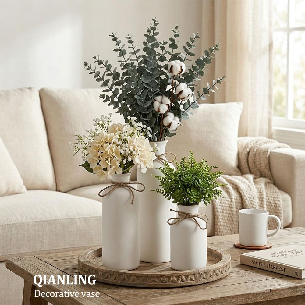 Keramikvasen-Set in Weiß, 3 kleine Vasen, minimalistische Boho-Deko, modern, Landhausstil, Mittelstücke fürs Wohnzimmer, Eingangsbereich, Bücherregal, Kaminsims und Regaldekoration