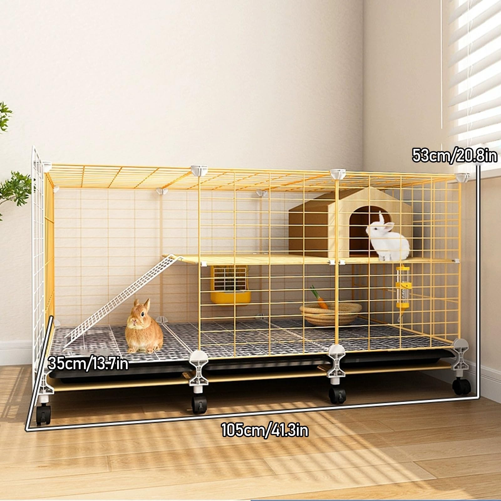 Jaula de 2 Niveles para Conejos, Conejera Interior con Ruedas Universales de 360° y Bandejas Deslizantes para Conejos y Hurones