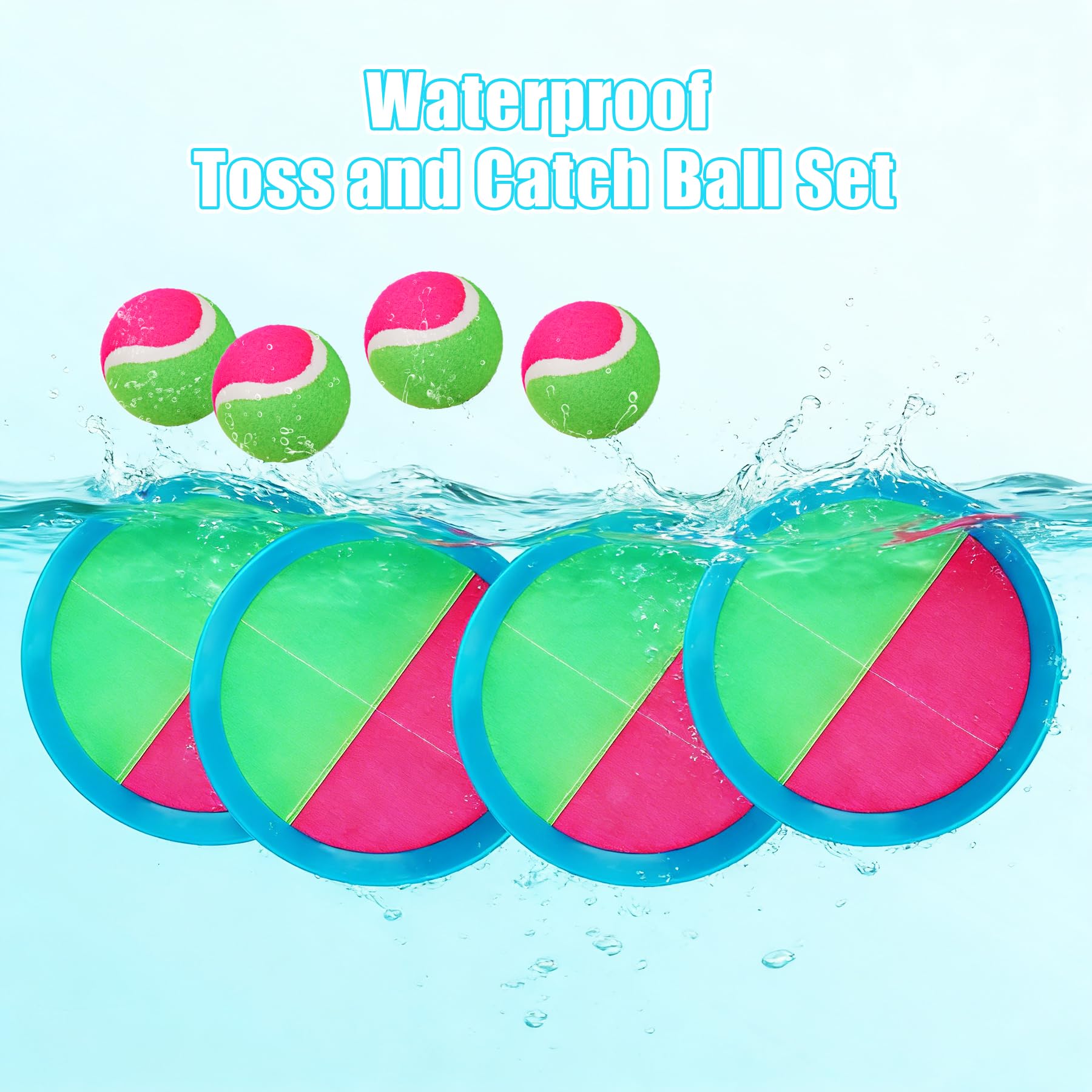 INPODAK Captura Bolas Raqueta Set Pelota Impermeable y Juego de Lanzamiento Juguetes Exterior Interior Jardin Playa Piscina para Niños 3-12 Años Set de 4 Pelotas 4 paletas con 1 Bolsa