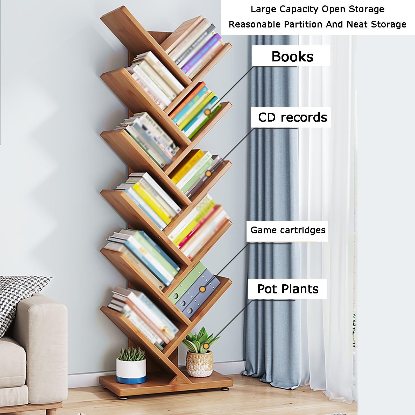 Estantería de bambú para libros, organizador de almacenamiento de varios niveles para sala de estar, dormitorio, oficina en casa, estantes altos para libros y artículos decorativos