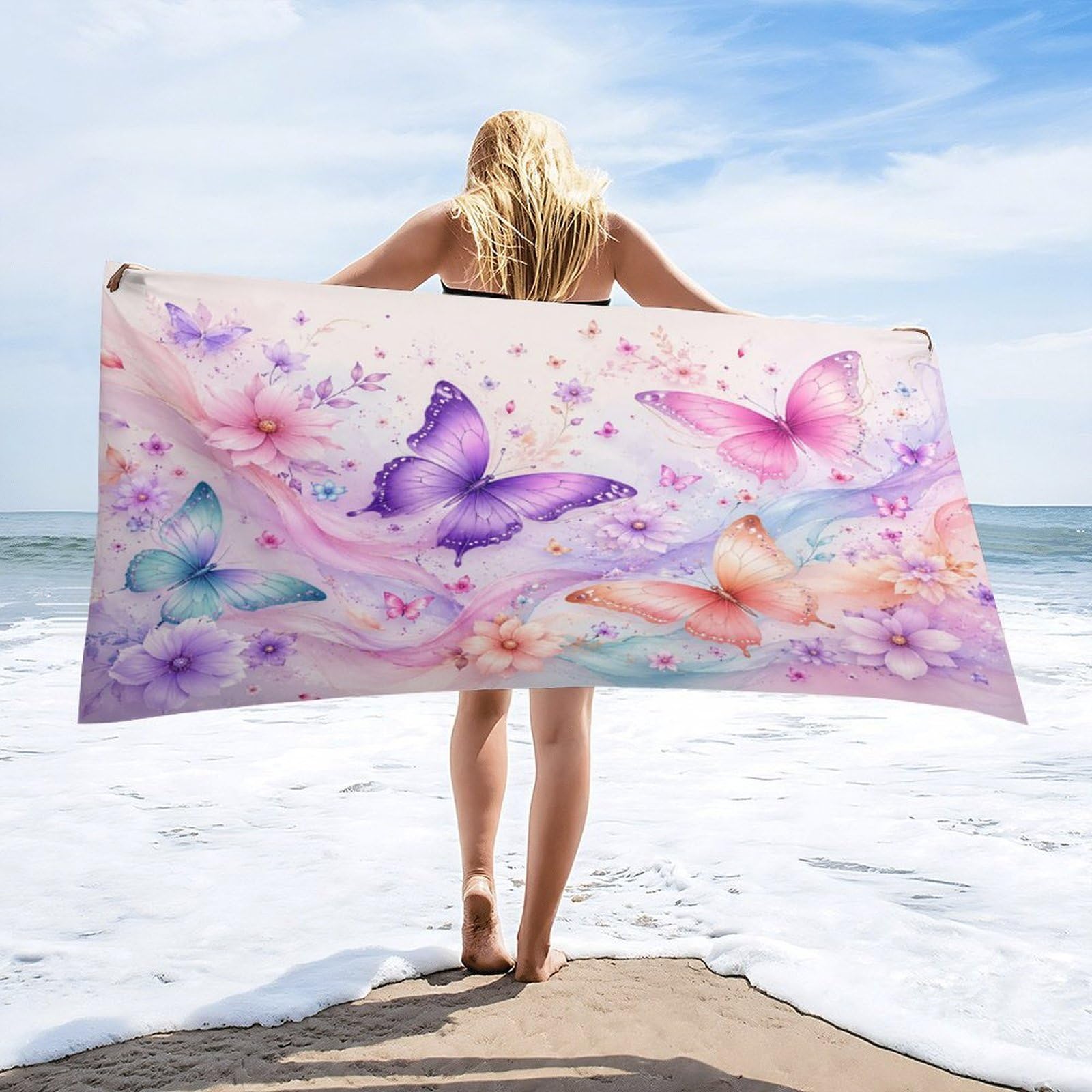 Anceky Butterfly Floral Pattern Pastel Colors Beach Towel 32"×63",Soft Microfiber Bath Towel Shawl, Quick Dry Absorbent Pool Spa Gym Shower Towel