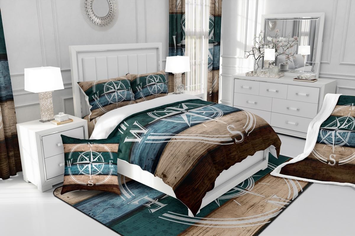 Compass Pattern Duvet Cover Set Toddler Size,Rustic Farmhouse Bedding Set for Kids Boys Girls Room Decor,Vintage Wood Comforter Cover,Country Style Quilt Cover with 1 Pillowcase(No Comforter)