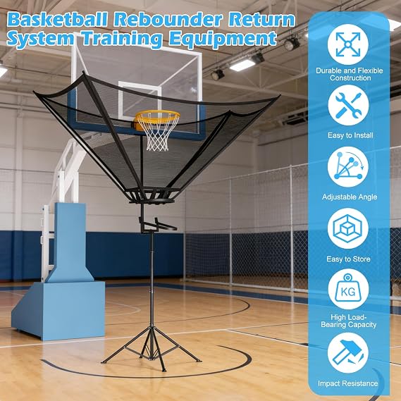 Basketball Rebounder Return Machine with 180 Rotating Track Adjustable Height Return Attachment Heavy Duty Shooting Trainer Rebounder Net Return System for Solo Practice & Efficient Training