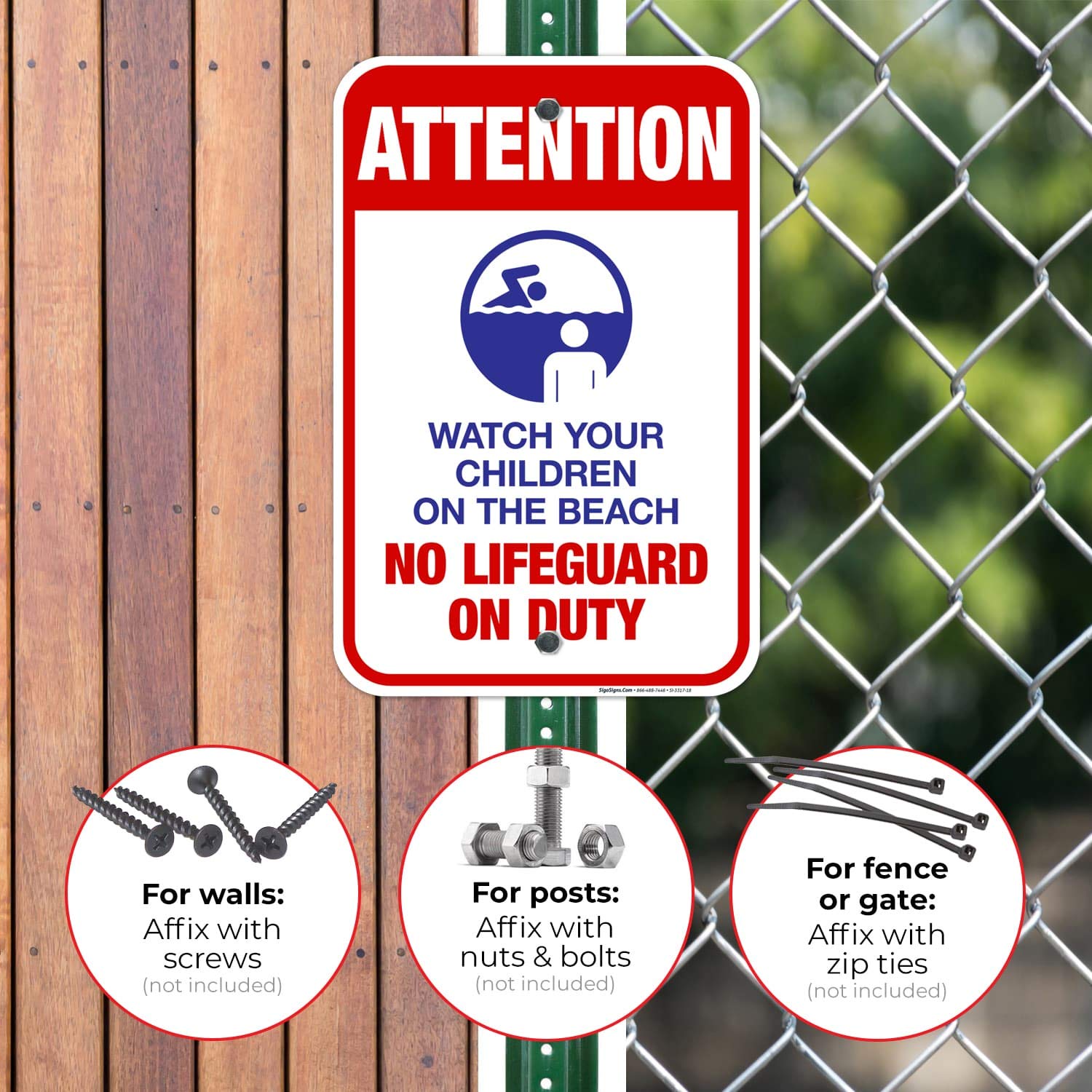 Attention Watch Your Children On The Beach No Lifeguard On Duty Sign, 12x18 Inches, Rust Free .063 Aluminum, Fade Resistant, Made in USA