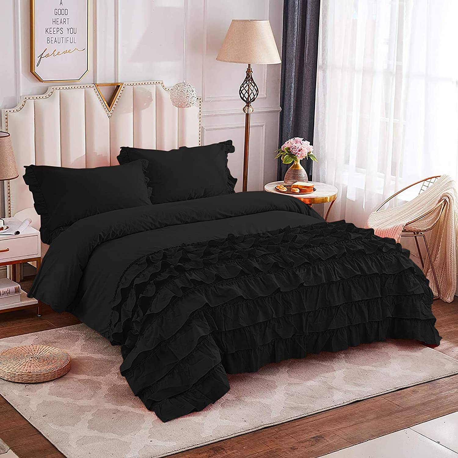 100% Egyptian Cotton, Zipper Closure Comforter Cover, 1000 TC, Luxurious Half Ruffle Duvet Cover Set 3 Piece-Black Solid, Double Size-image-13