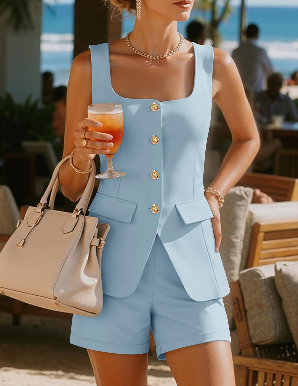 ZESICA Womens Summer 2 Piece Short Sets 2026 Suit Vest Tops Matching Set Business Casual Dressy Outfits - Image 3