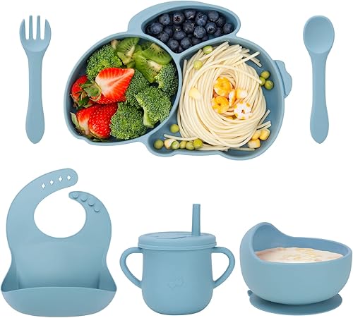 Frvesroe Juego de alimentación para bebés, 6 piezas de suministros de destete LED de silicona para bebés, incluye plato de conejo con succión