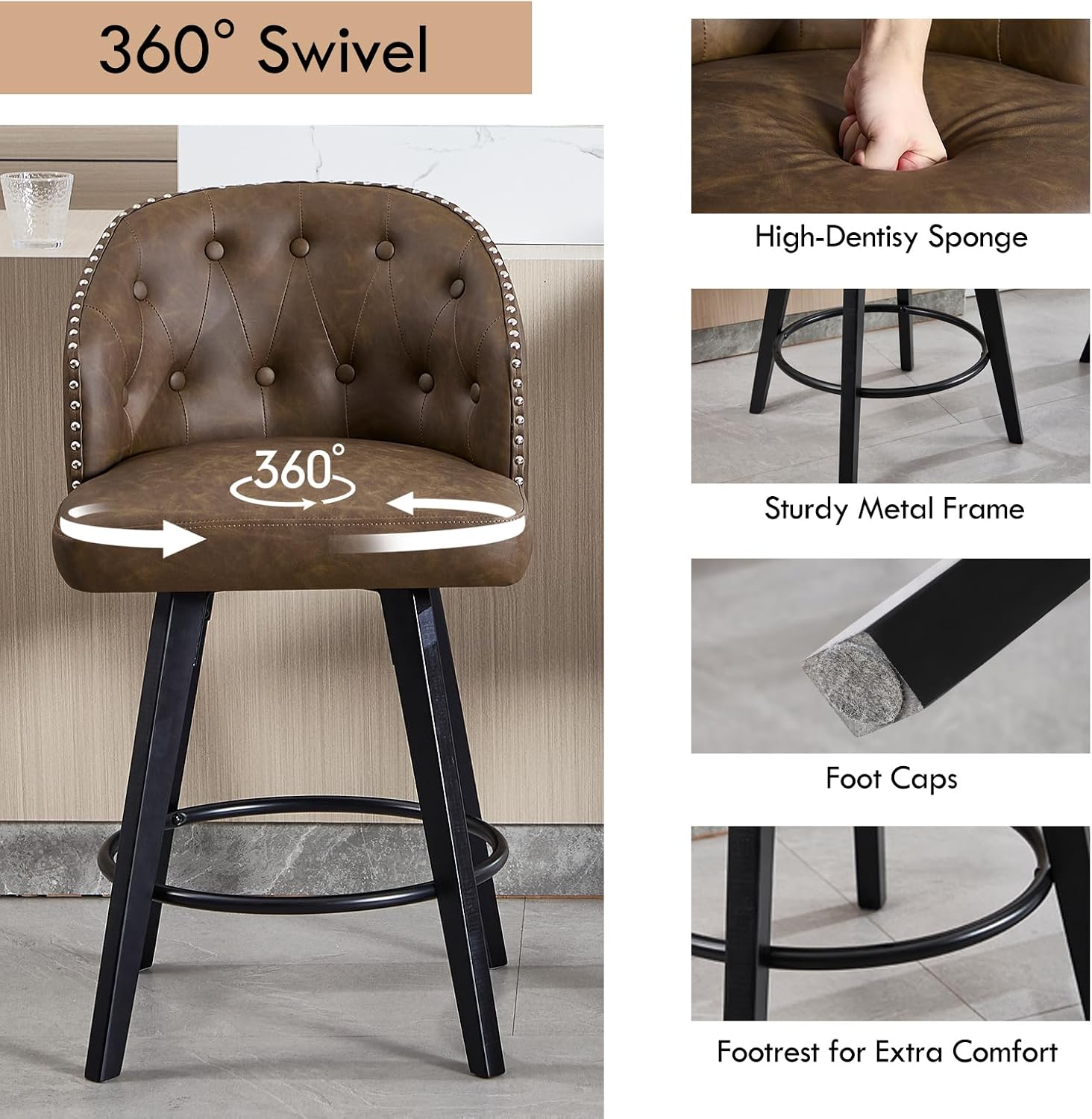 Swivel Bar Stools Set of 2, 25" Counter Height Bar Stools with Faux Leather Upholstery, Tufted Back & Nailhead Trim, Wooden Legs with Footrest, Modern Barstools for Kitchen Island, Brown