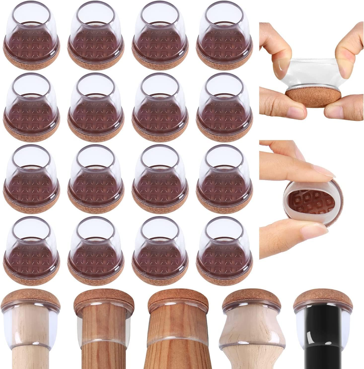 Clear Silicone Upgraded Chair Leg Floor Protectors, 16P Silicone Chair Leg Caps with Wrapped Felt, Chair Leg Silicone Covers Smooth Moving Chair Feet Protectors, No Scratches No Noise, (Round, 1.25")