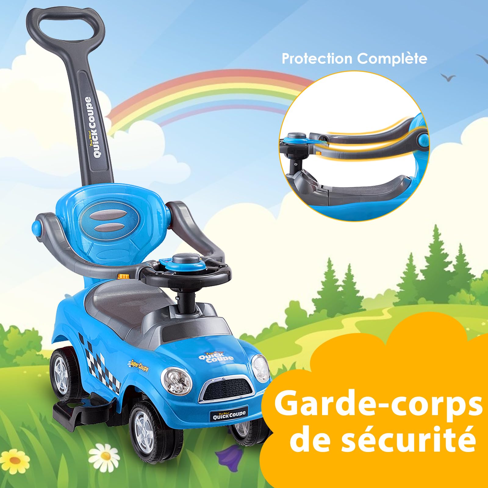 DREAMADE Voiture Enfant Porteur avec Barre de Sécurité Amovible & Anti-Basculement, pour 2-6 Ans (Bleu)