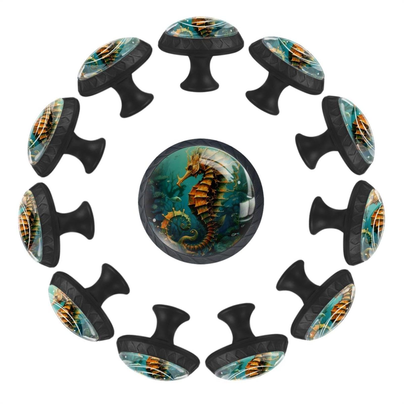 Boutons de tiroir ronds en cristal lot de 12 poignées transparentes motif hippocampe bleu mer