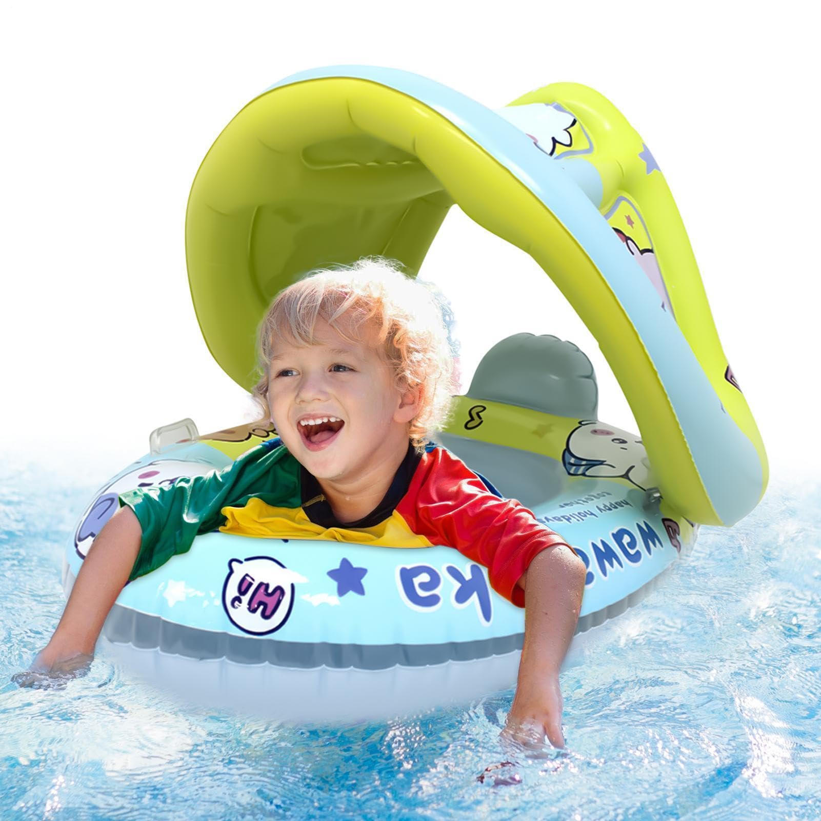 Flotador de piscina para bebés recién nacidos con asiento antivuelco y parasol 8