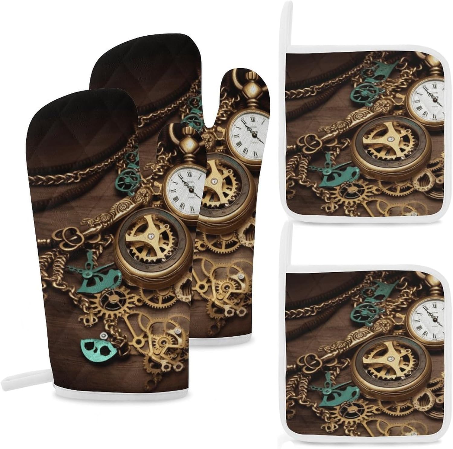4-Piece Oven Mitts and Pot Holders Set Steampunk Watches Keys and Chains Printed Heat-Resistant Polyester Kitchen Gloves and Potholders Comfortable & Durable for Cooking Baking and Grilling