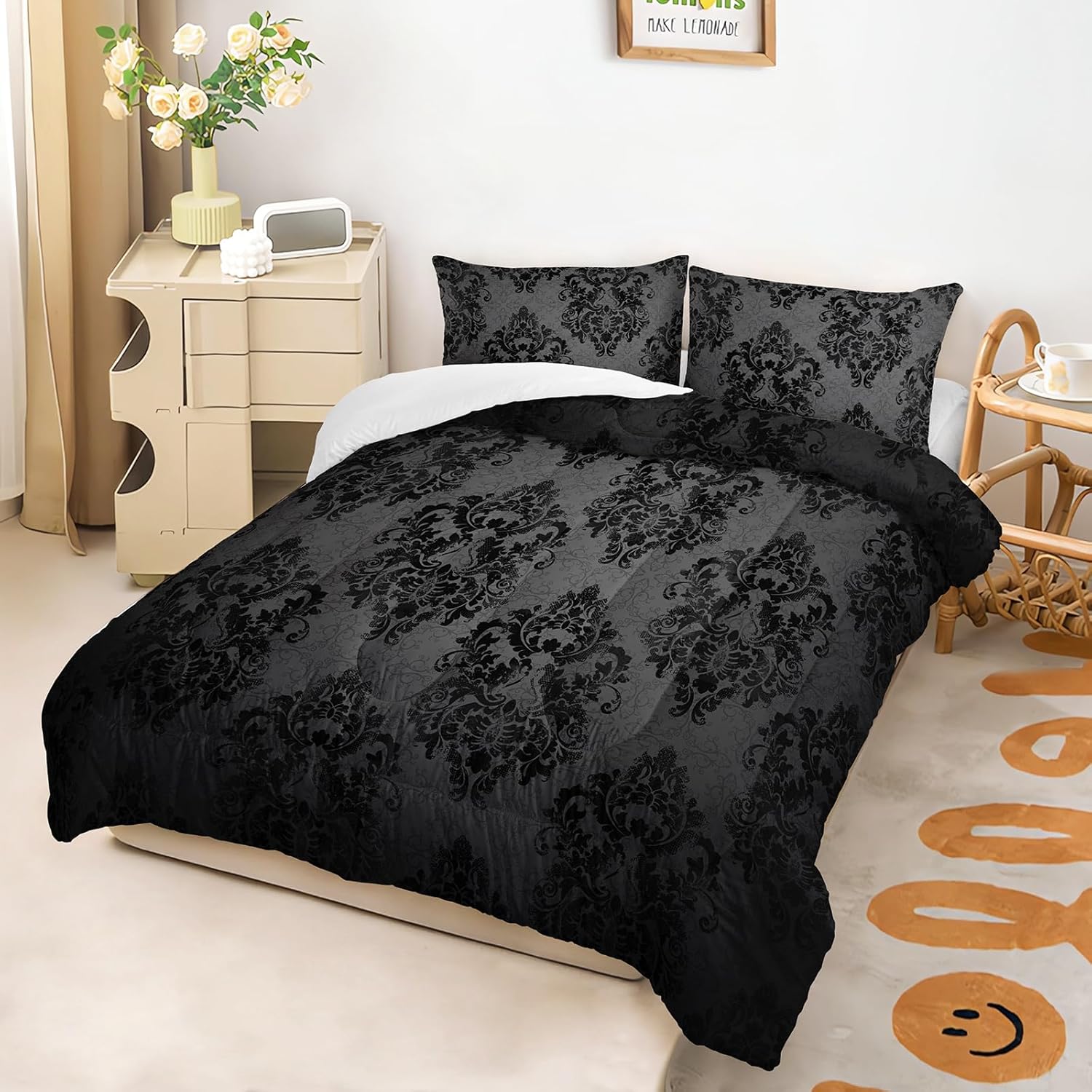 AILONEN Black Damask Bedding Set,Antique Baroque Down Comforter Queen,Gothic Vintage Floral Duvet + 2 Pillowcases,Boho Exotic Grey Bedroom Decor for Adults