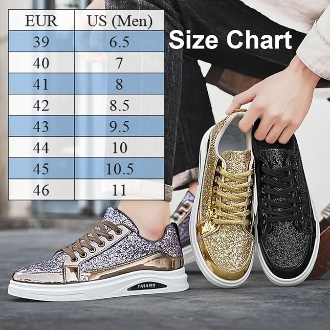 Glitter Shoes for Men Casual Sequin Sparkly Fashion Sneakers Men's Bling Shiny Low Cut Lace up Shoes