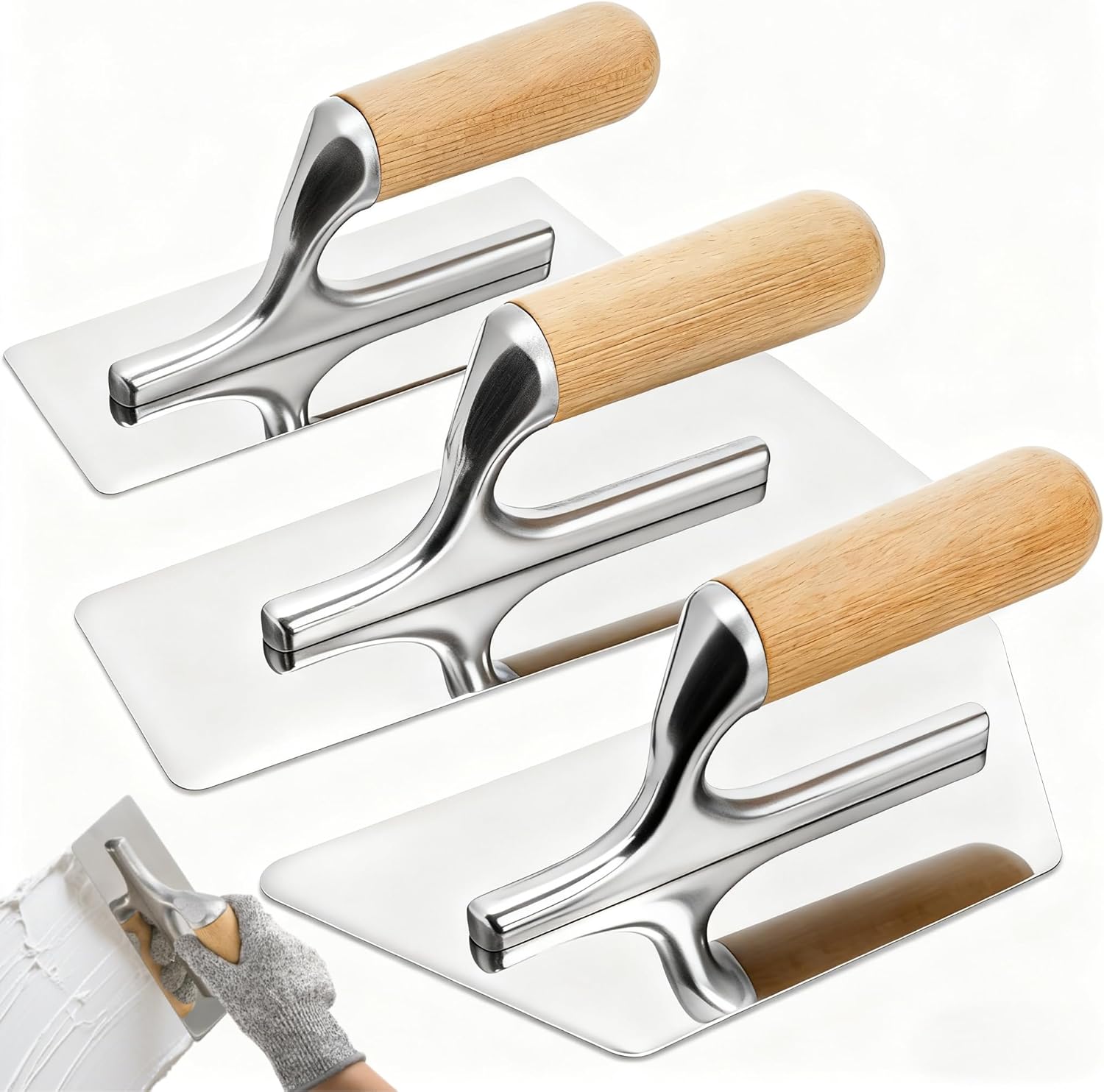 3 Pack Venetian Plaster Trowel Set, Stainless Steel Finishing Trowel, Art Paint Plastering Tool with Wooden Handle, 1 mm Thick Construction Hand Tools for Concrete, Cement, Drywall Repairs