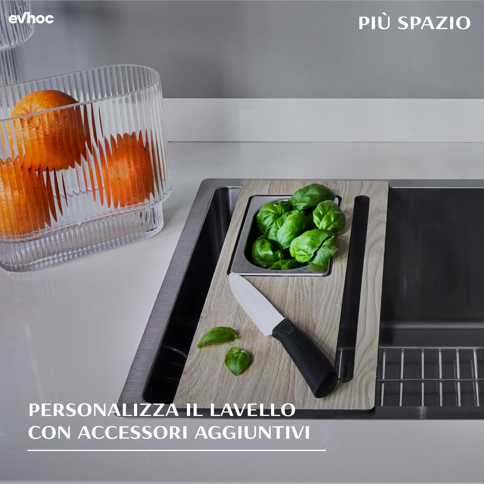 EVHOC Lavello Cucina Sopratop 1 Vasca 84x44 cm, Lavandino in Acciaio Inox Vasca Unica con Finitura Satinata, Piletta e Sifoni Inclusi, Made in Italy, LUMIUM XXL