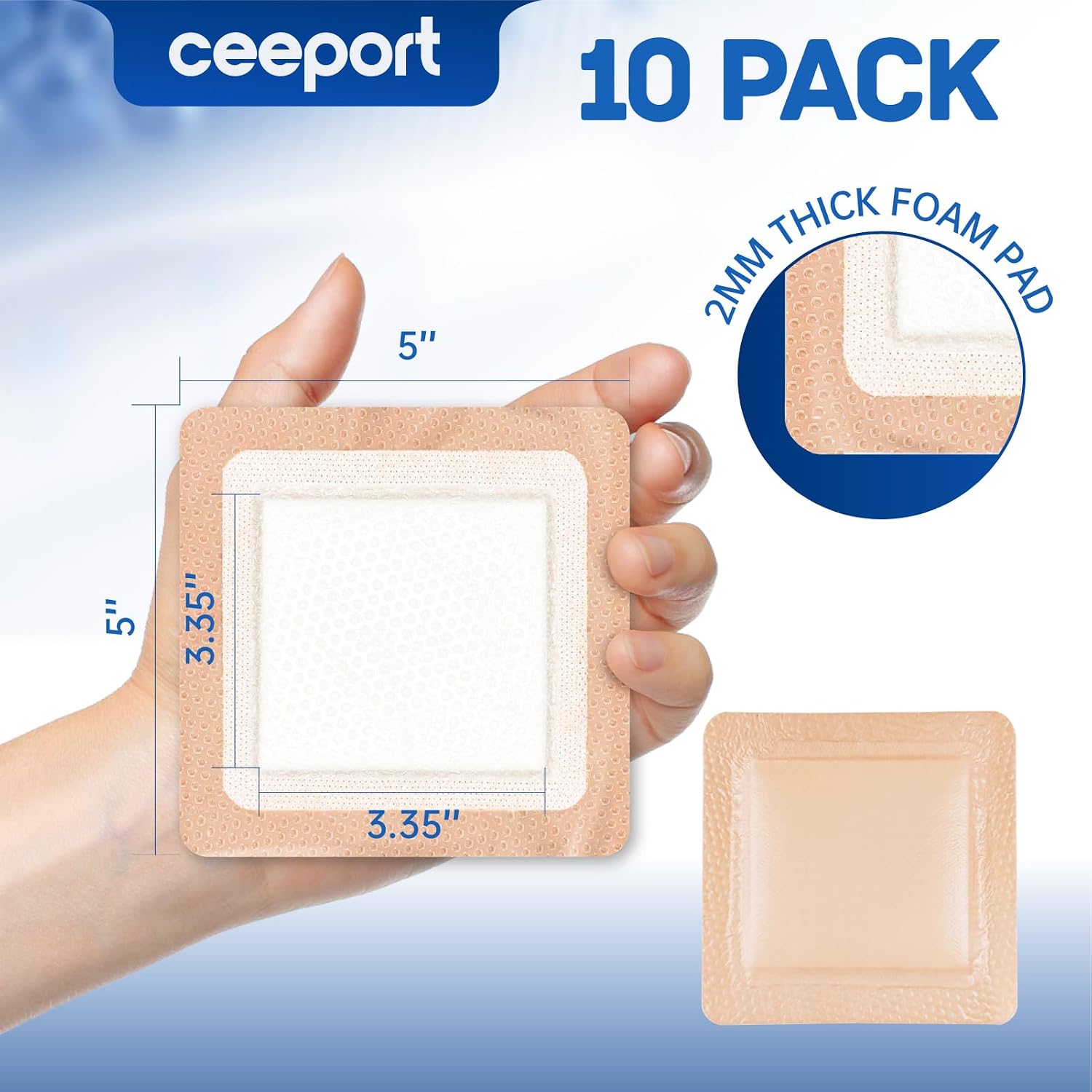 Ceeport Silicone Super Absorbent Wound Dressing 5" x 5", 10 Individual Pack | Self-Adhesive Waterproof Wound Bandage, Large bandages for Wound Care, Burns, Bedsores, Traumas & Surgical Wounds