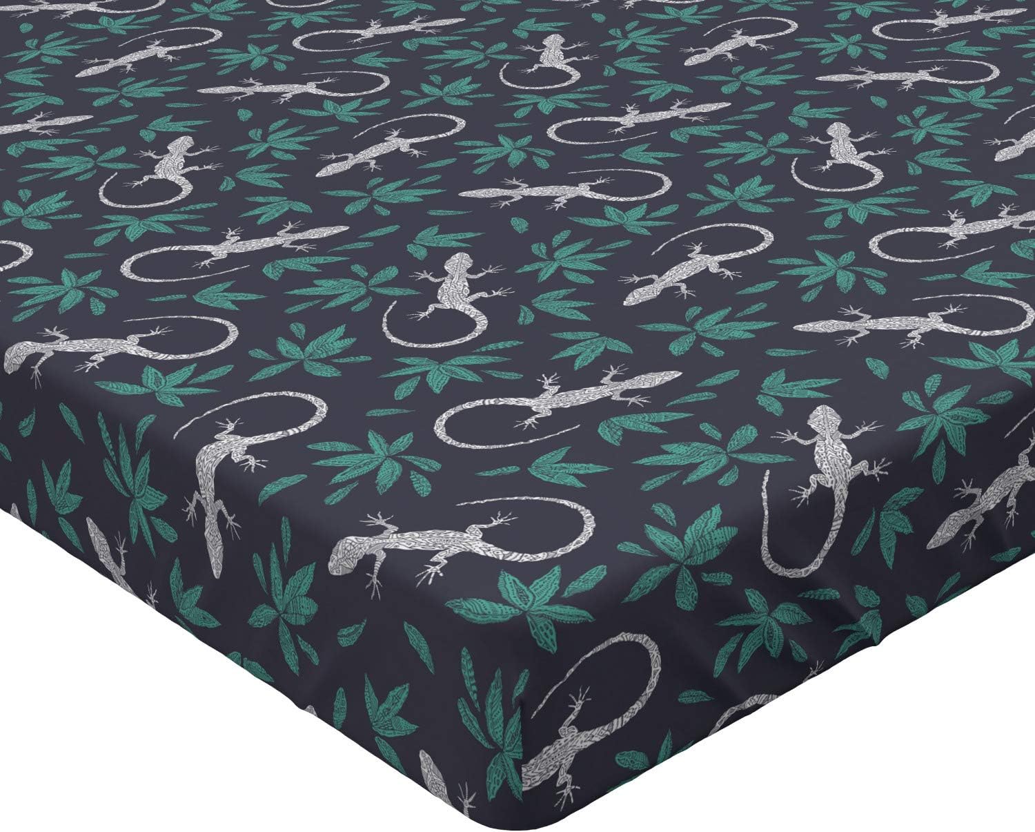Ambesonne Gecko Fitted Sheet, Hand Drawn Reptiles with Bohemian Motif and Foliage Leaves Pattern, Soft Decorative Fabric Bedding All-Round Elastic Pocket, Queen Size, Aqua Grey
