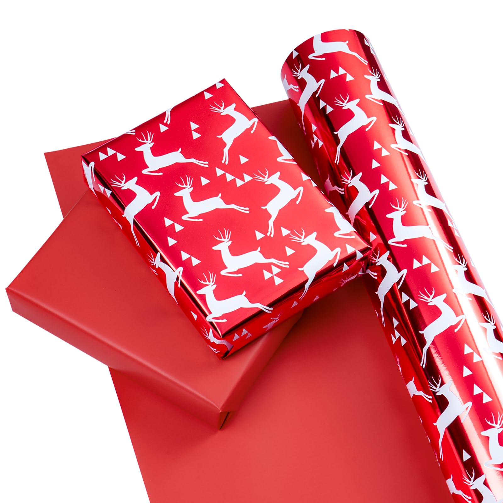 WRAPAHOLIC Papel de regalo de Navidad reversible, rollo jumbo de 30 pulgadas x 100 pies, diseño de reno rojo y rojo sólido con brillo metálico