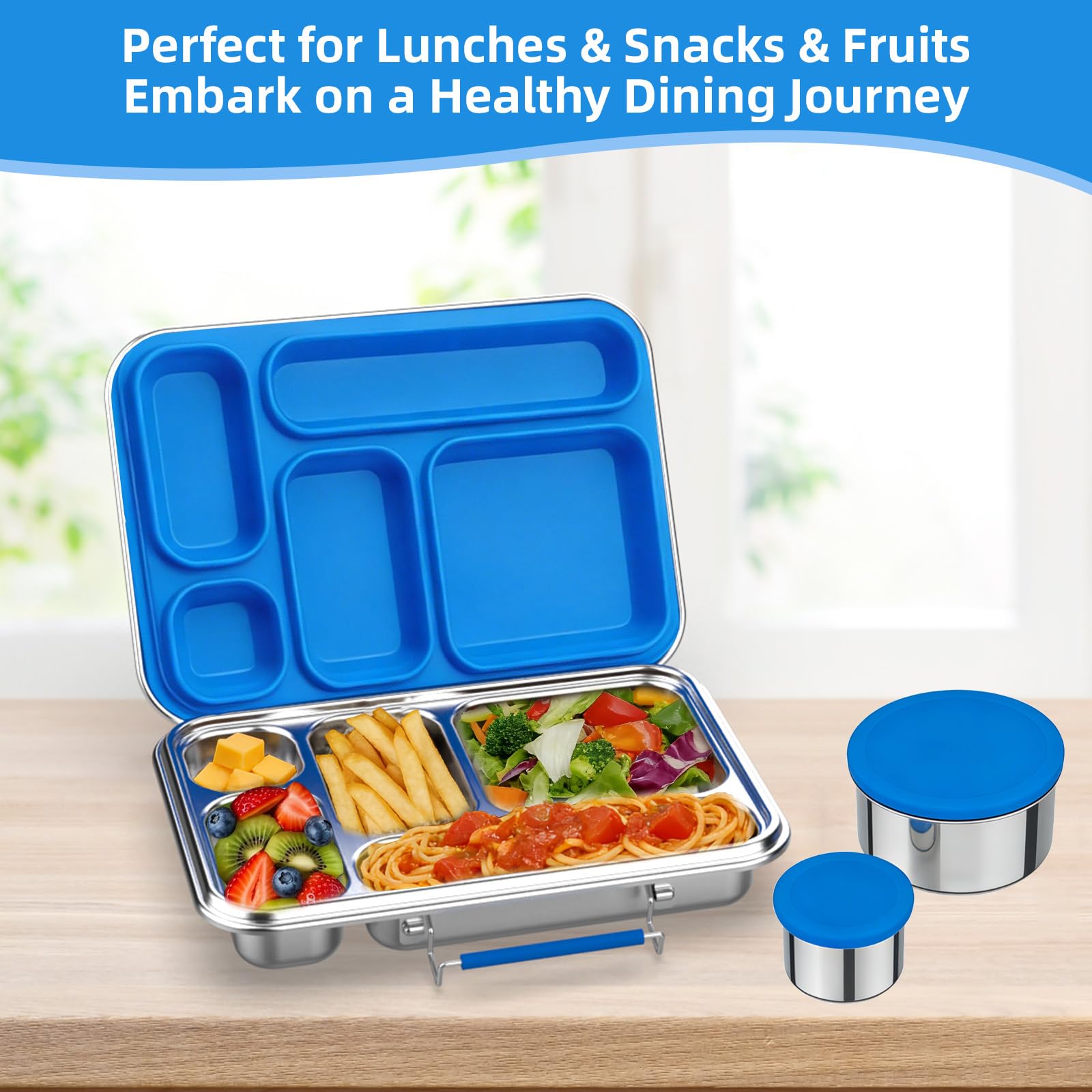 Caja Bento de acero inoxidable para adultos, 5 compartimentos, resistente a fugas, contenedor de almuerzo de acero inoxidable con 2 recipientes, apto para lavavajillas, diseño para picnics de oficina