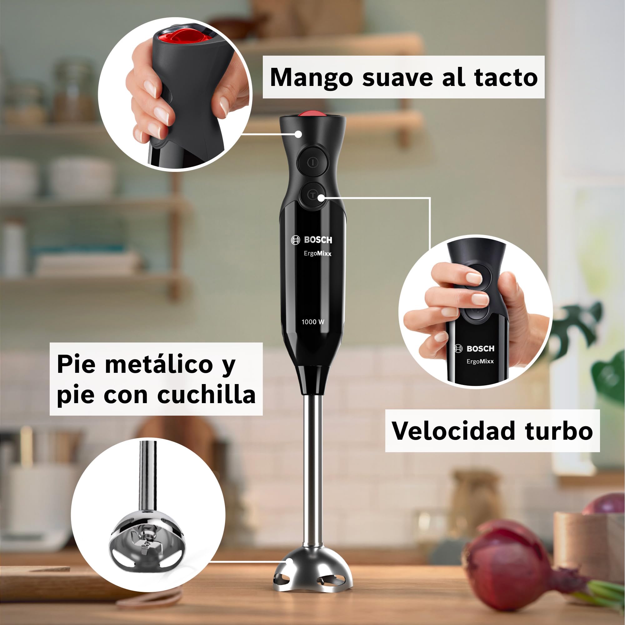 Bosch - Batidora de mano, ErgoMixx, motor de 1000 W, 12 velocidades y función turbo, vaso, negro, MS6CB6110