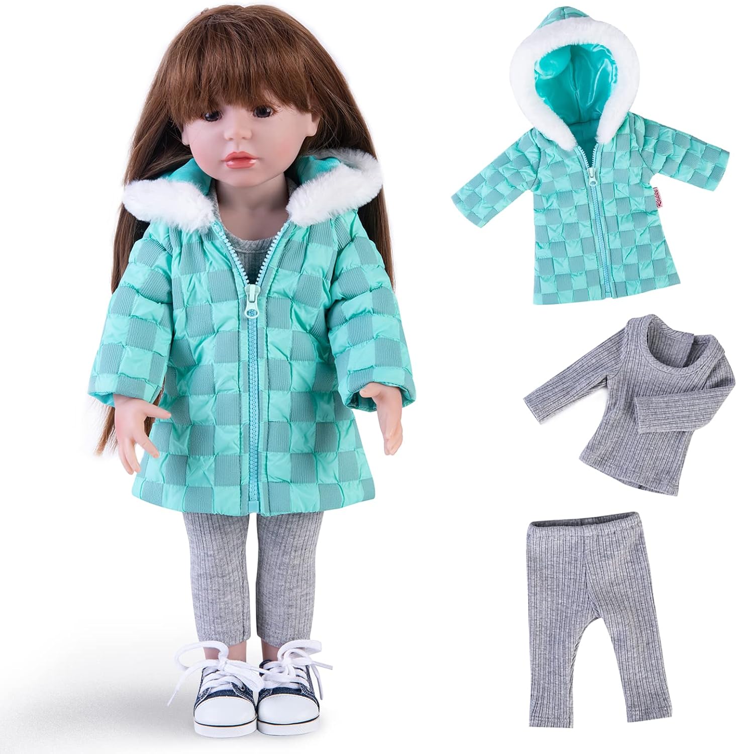 Doll Clothes 3 Pc. Set Blue Grey Plaid Hooded Thick Coat Suit Checkerboard Jacket with Long Sleeve, Warm Doll Outfit Hoodie Snowsuit Fits for 18" Dolls (Doll & Shoes not Included)