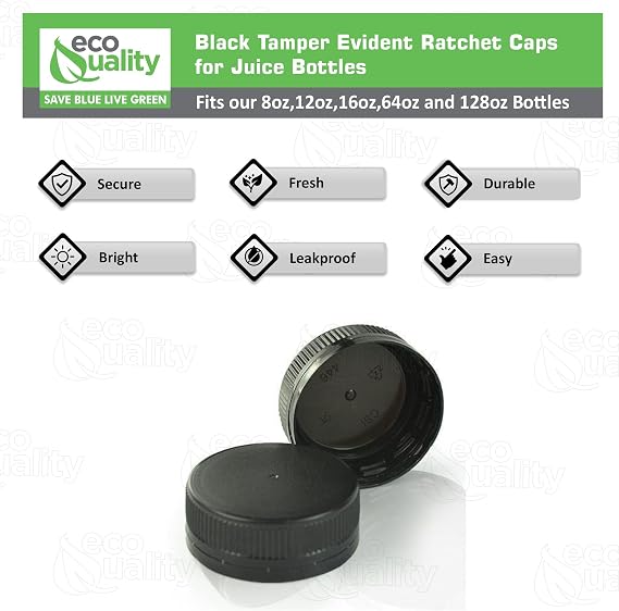 [50 PACK] 38MM Black Tamper Evident Ratchet Caps/Lids for Empty Foggy Plastic Juice Bottles by EcoQuality