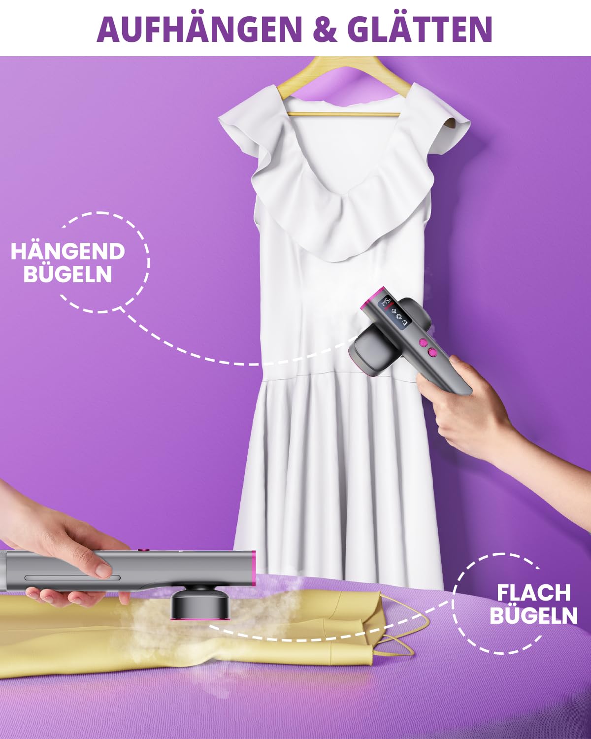 Reise Dampfglätter für Kleidung, 100–220 V Dualspannung Steamer, tragbarer 2-in-1 Handsteamer & Reisebügeleisen, 20s Schnellaufheizung, 4 Dampfmodi mit LED-Display, für weltweite Reisen 560g