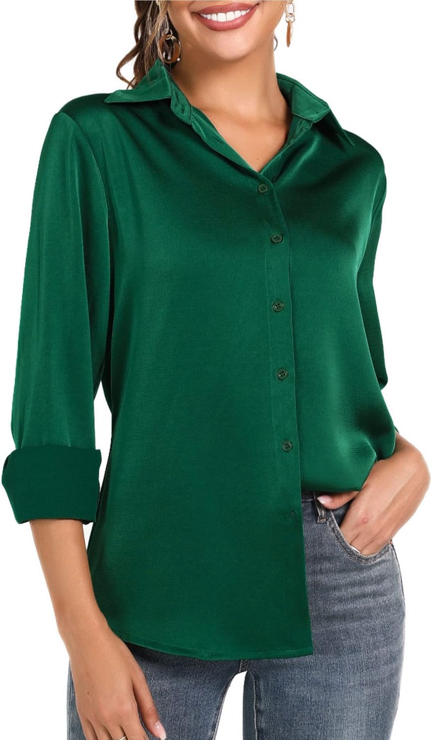 LUSMAY Women's Silky Satin Blouses Elegant Long Sleeve Button Down Collared Office Work Shirts Tops