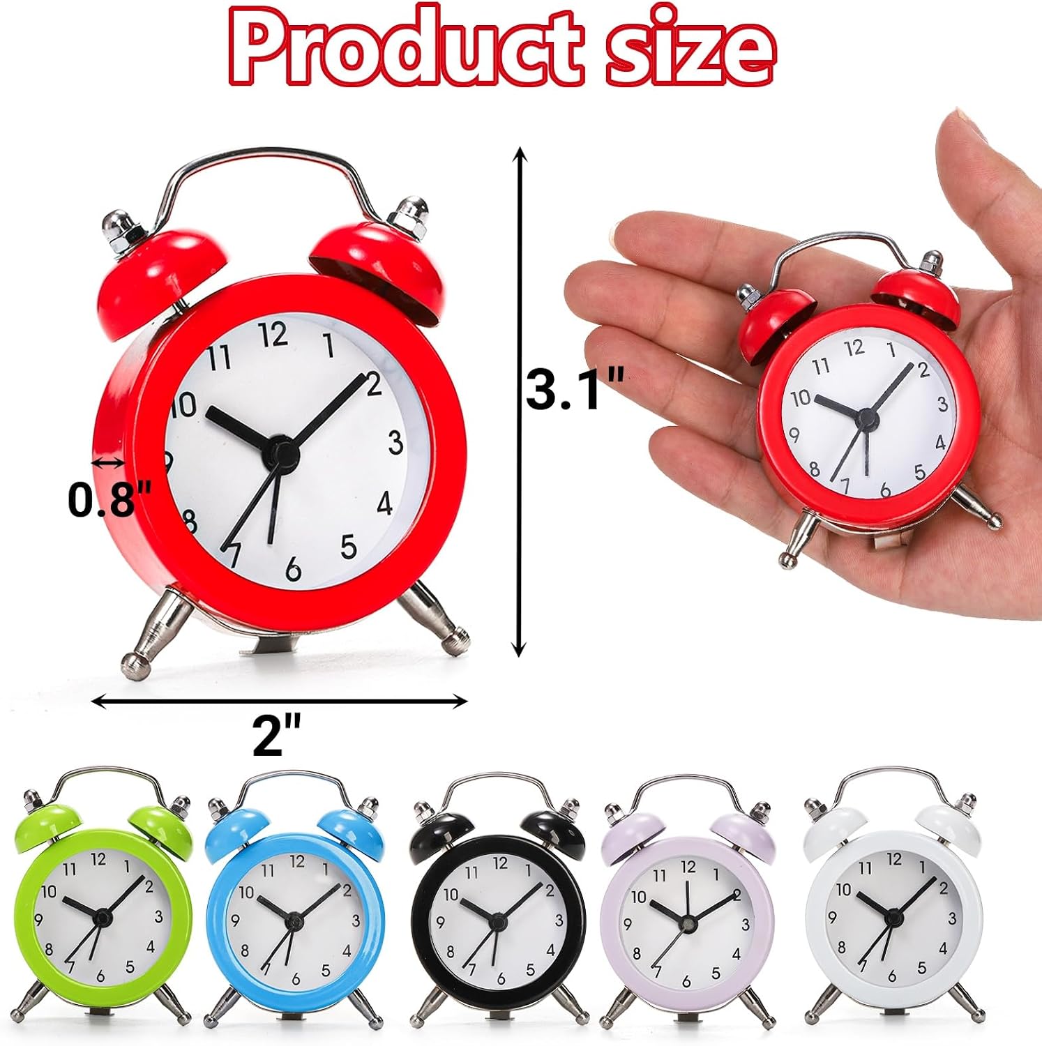 Noamus 6 Pcs Mini Twin Bell Alarm Clock, 2 Inch Loud Alarm, Small Cute Analog Alarm Clock, Vintage Travel Clock with Stereoscopic Dial for Bedroom Decor, Heavy Sleepers(6 Colors)