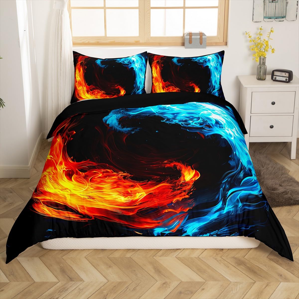 Erosebridal Yin Yang Comforter Cover for Kids Boys Teens Adult Ice and Fire Duvet Cover Queen Size Golden Flame Printed Bedding Set Abstract Art Design Bedspread Cover, Blue