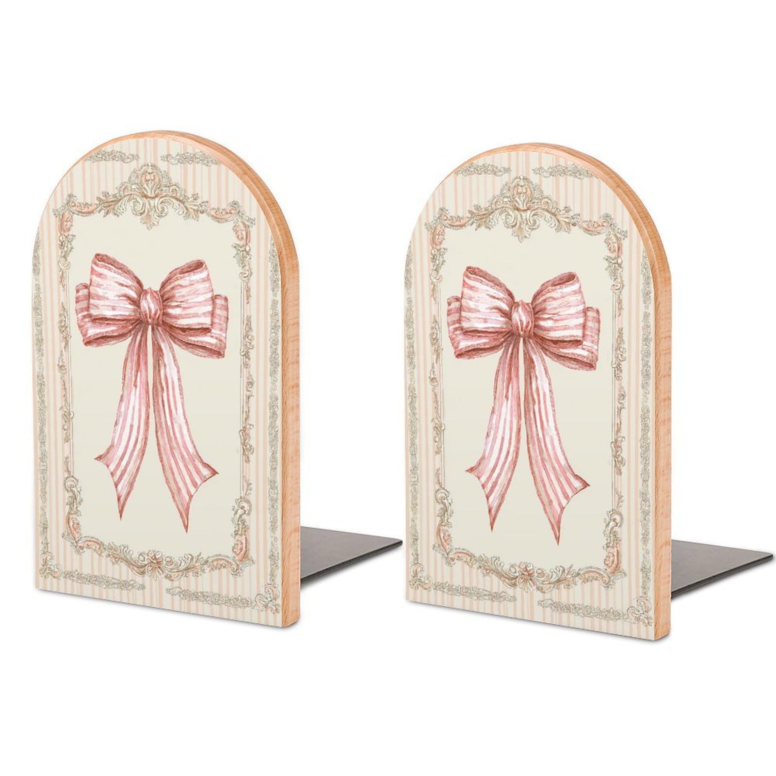 Watercolor Pink Bow on Striped Cream Wooden Bookends Shelves 2 PCS Sturdy Book Holders Desktop Organizer for Home Office Libraries