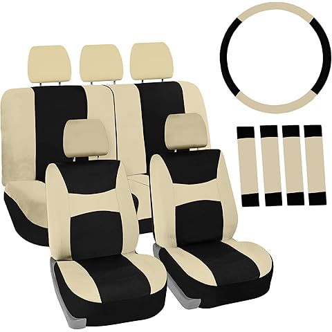 Automotive Seat Covers Beige Black Universal Fit Seat Cover Combo Set with Steering Wheel Cover and Seat Belt Pad (Airbag Compatible and Split Bench)