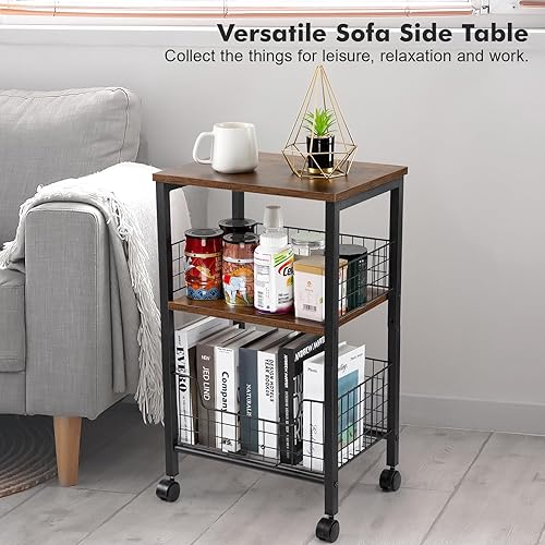 Miniatura 7 de Hadulcet Mesa auxiliar pequeña, mesa auxiliar de 3 niveles con cesta de almacenamiento, mesa auxiliar de estilo industrial para sala de estar,