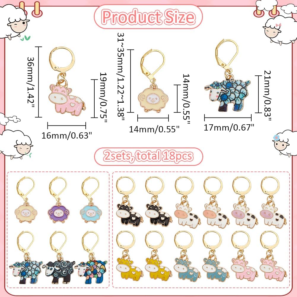 NBEADS 18 Pcs Animal Stitch Markers, Cow and Sheep Stitch Marker Removable Leverback Hook Locking Stitch Marker for Knitting Weaving Sewing Jewelry Making image 2