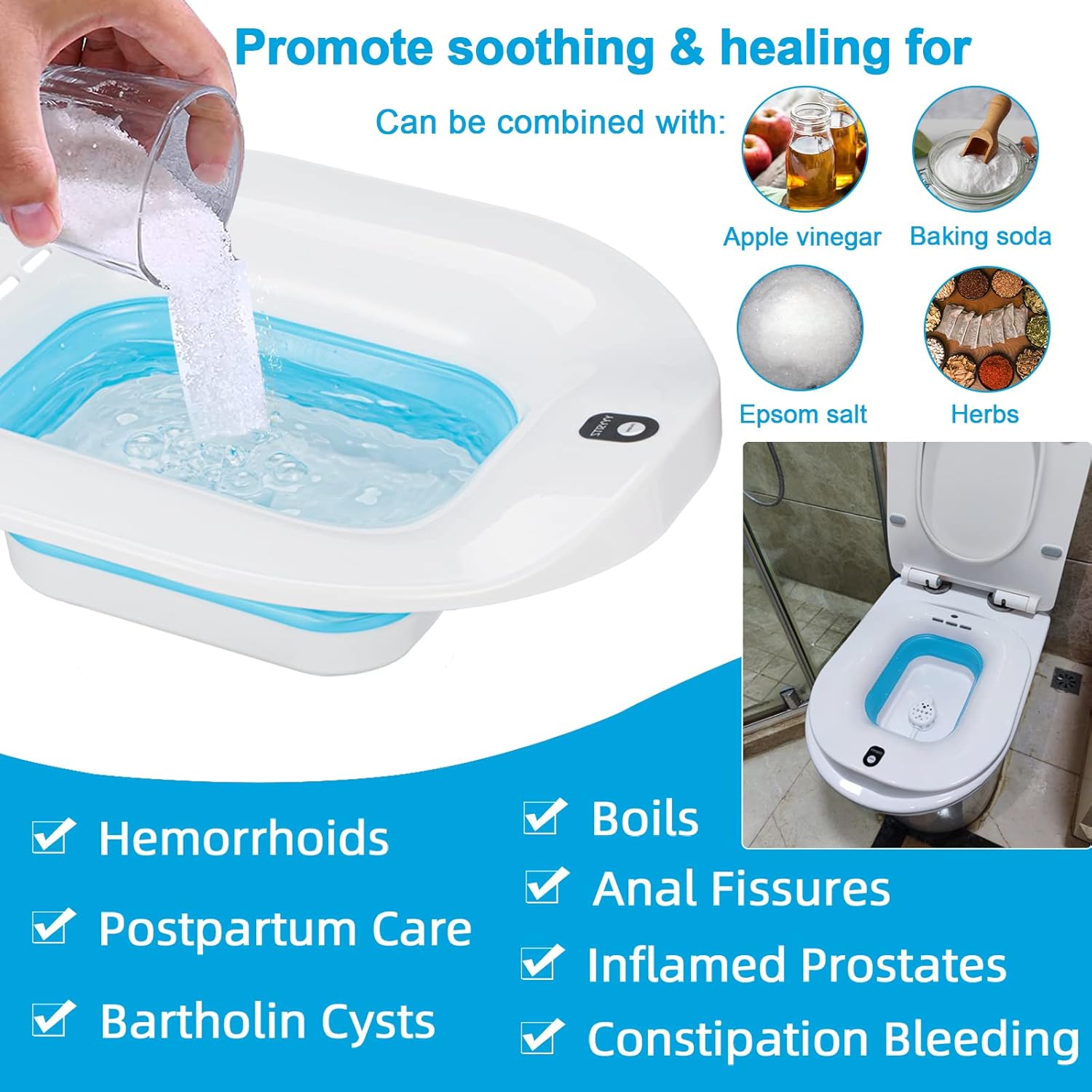 Electric Sitz Bath, Sitz Bath for Hemorrhoids, Sitz Bath for Postpartum Care, Toilet Seat Tub for Women Men, Sitz Baths Salts Bowl, Sits Bath Soak Pan, Hip Bath Basin, Collapsible, Blue