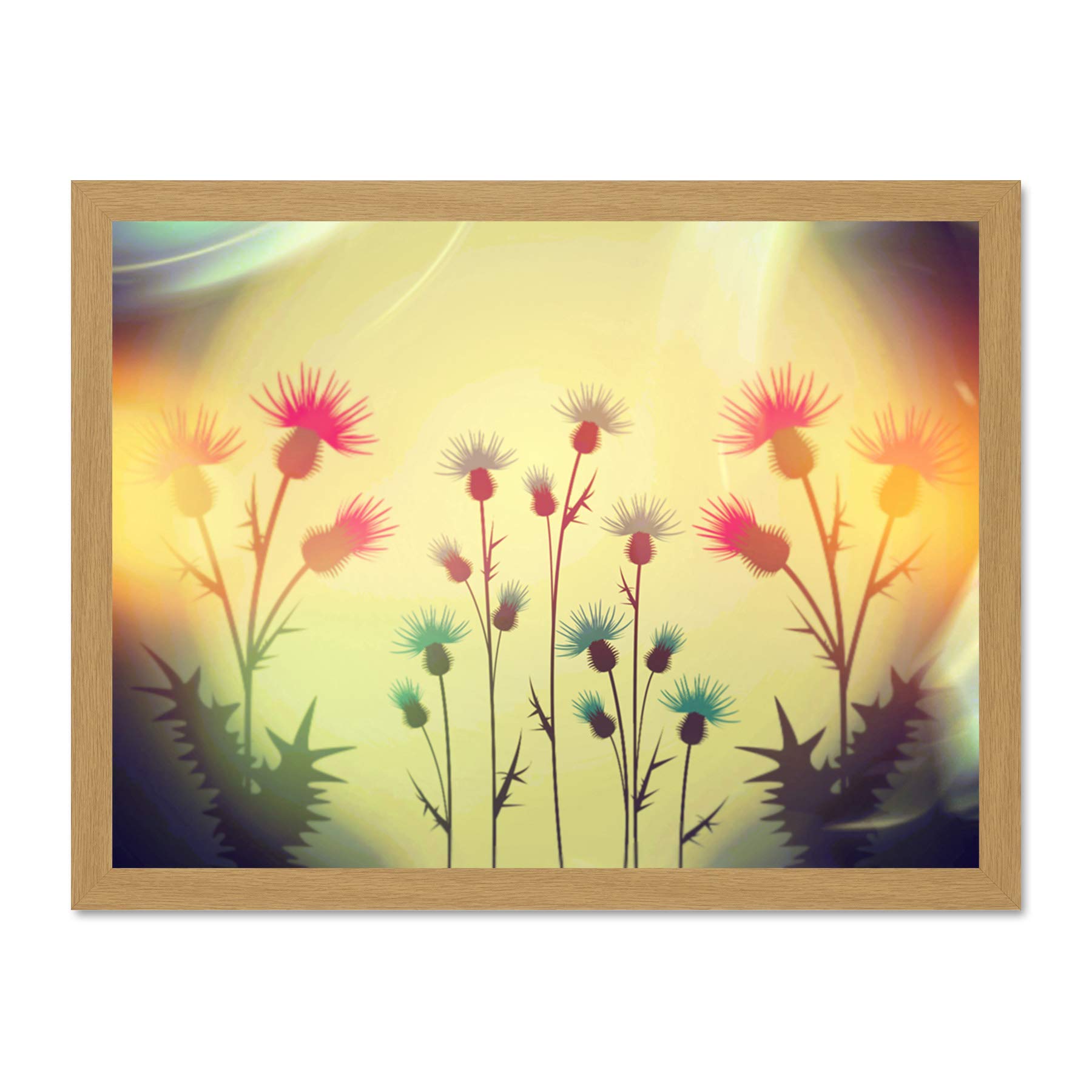 Artery8 Framed Wall Art Print - Hipster Thistles Scotland - Scottish Art - Large Wall Décor - Light Oak Frame - W18 inch x H24 inch