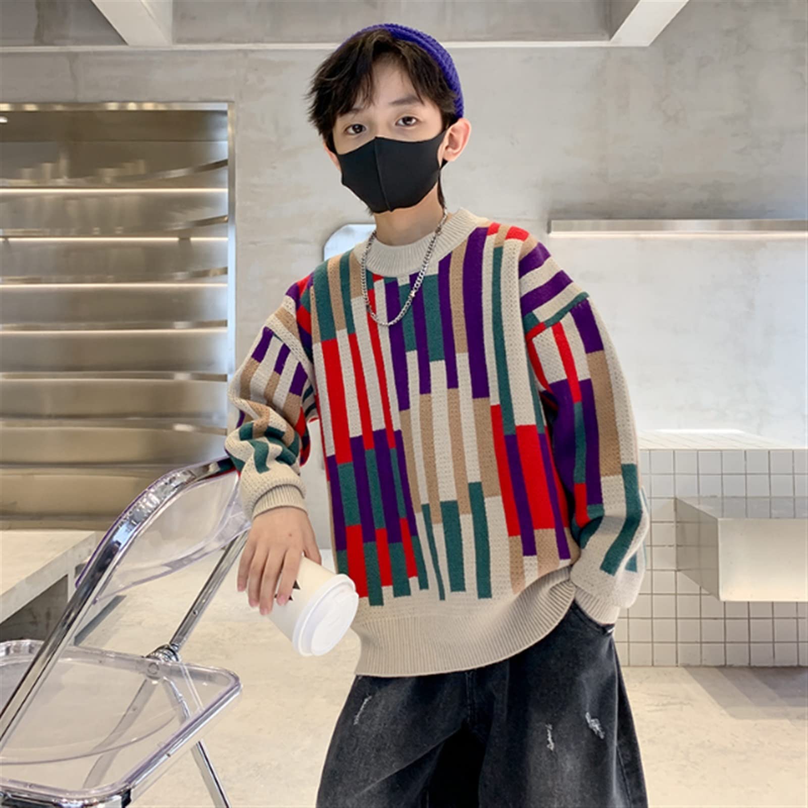 Suéter de punto a rayas de colores de invierno para niños, estilo punk suelto, adecuado para altura de 110 a 170 cm (color: tamaño: 130 cm)