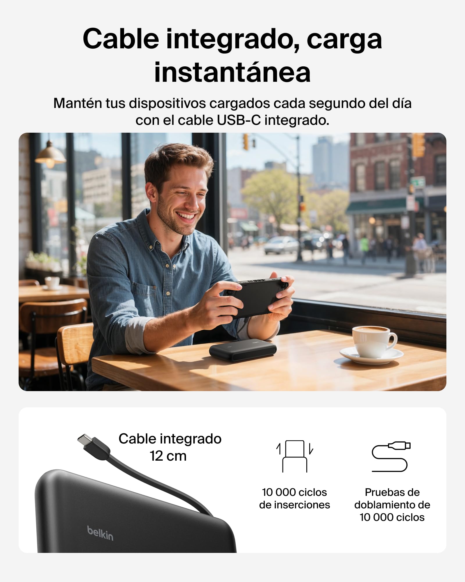 Belkin Gaming batería Externa de 30 W con Cable USB-C Integrado y 20000mAh de Capacidad, Carga rápida USB-C PD, Cargador portátil para Nintendo Switch 2, iPhone 16, iPad Pro y Galaxy S25, Negro