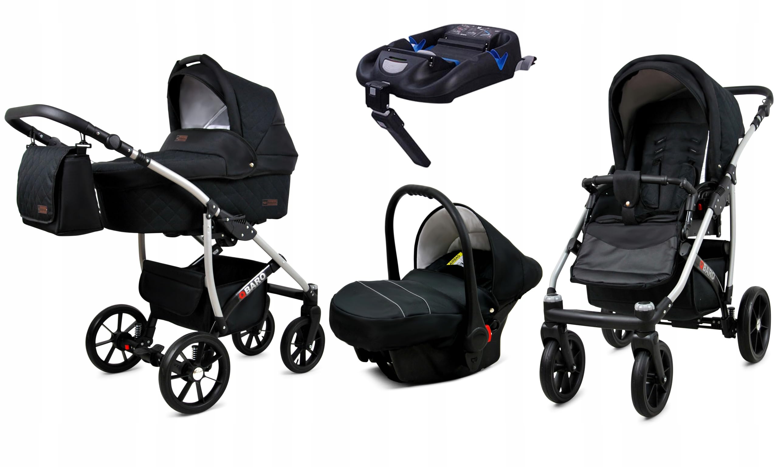 BabyLux® Zestaw wózków dziecięcych 4 w 1 – Qbaro – w zestawie wanienka dla niemowląt, fotelik sportowy, fotelik samochodowy, stacja bazowa ISOFIX – fotelik samochodowy – zestaw wózków dziecięcych