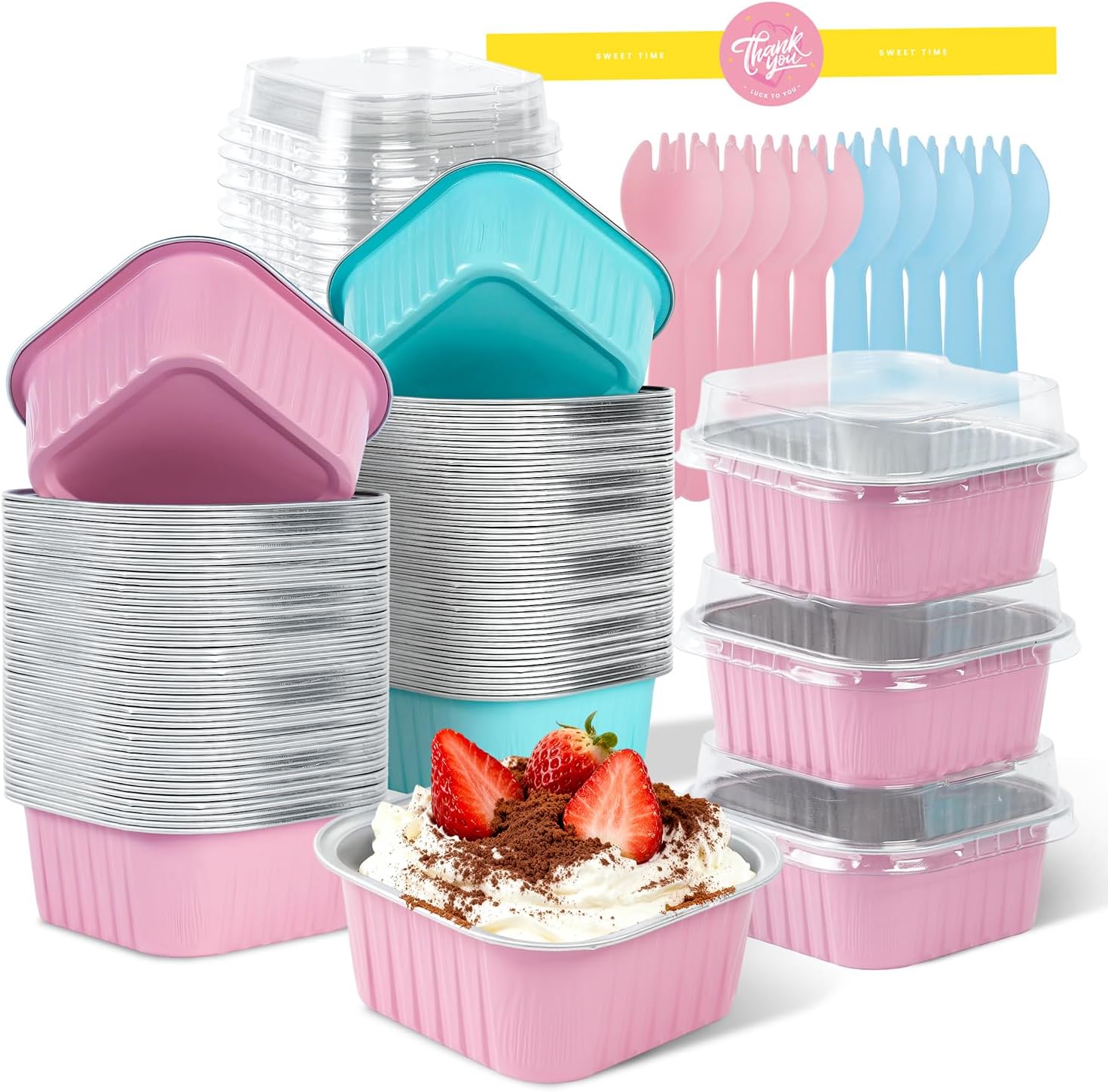 100 Pack Mini Cake Pans with Lids, Square Aluminum Baking Pan with Sealing Sticker, Disposable Loaf Pans with Lids for Wedding Birthday Party Picnics, 5oz Mini Square Baking Cups(Pink+Blue)