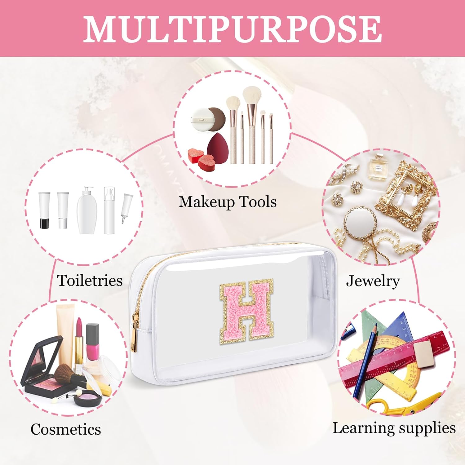 Small Clear Personalized Initial Makeup Bag,Nylon Preppy A-Z Chenille Letter Patch Cosmetic Pouch Beach Toiletry Bag,Waterproof Zipper Travel Purse Storage Bag Organizer for Women Girls(White-Pink H) - Image 4