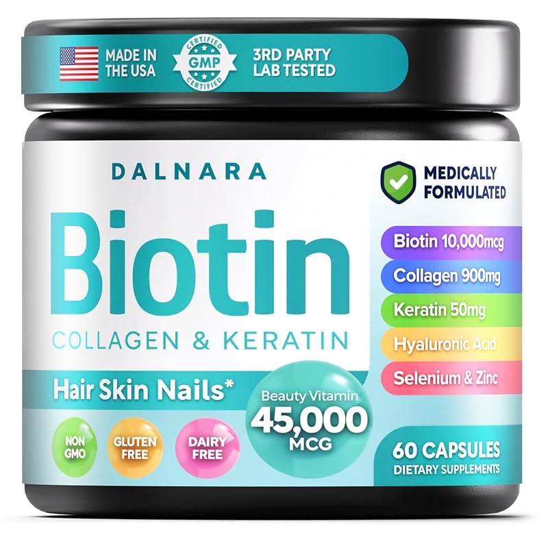 Dalnara Suplemento para cabelos, pele e unhas com biotina, colágeno marinho e queratina 10.000 mcg 60 cápsulas