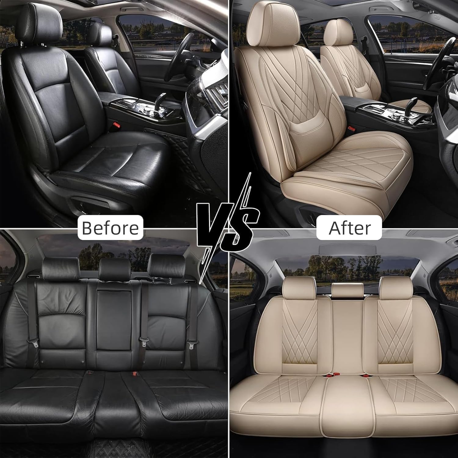 Beige Car Seat Covers Full Set, Luxury Faux Leather Car Seat Covers, Waterproof Non-Slip Seat Protector Universal Fit for Most Cars SUVs Trucks Pick-ups for Front Seats and Back