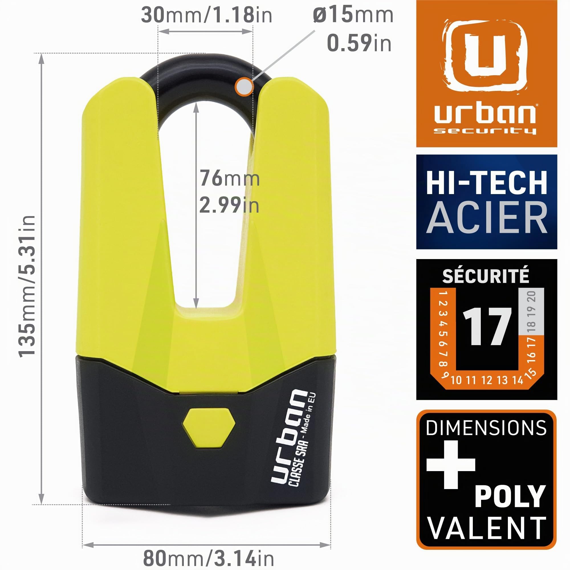 URBAN U9DY Antivol Moto Bloque Disque Mini U Homologué SRA, Sécurité Maximale Entièrement Testée, Fourche ø15 Double Fermeture, Serrure Haute Sécurité, Antivol Bloc Roue pour Moto Scooter Vélo Cadenas