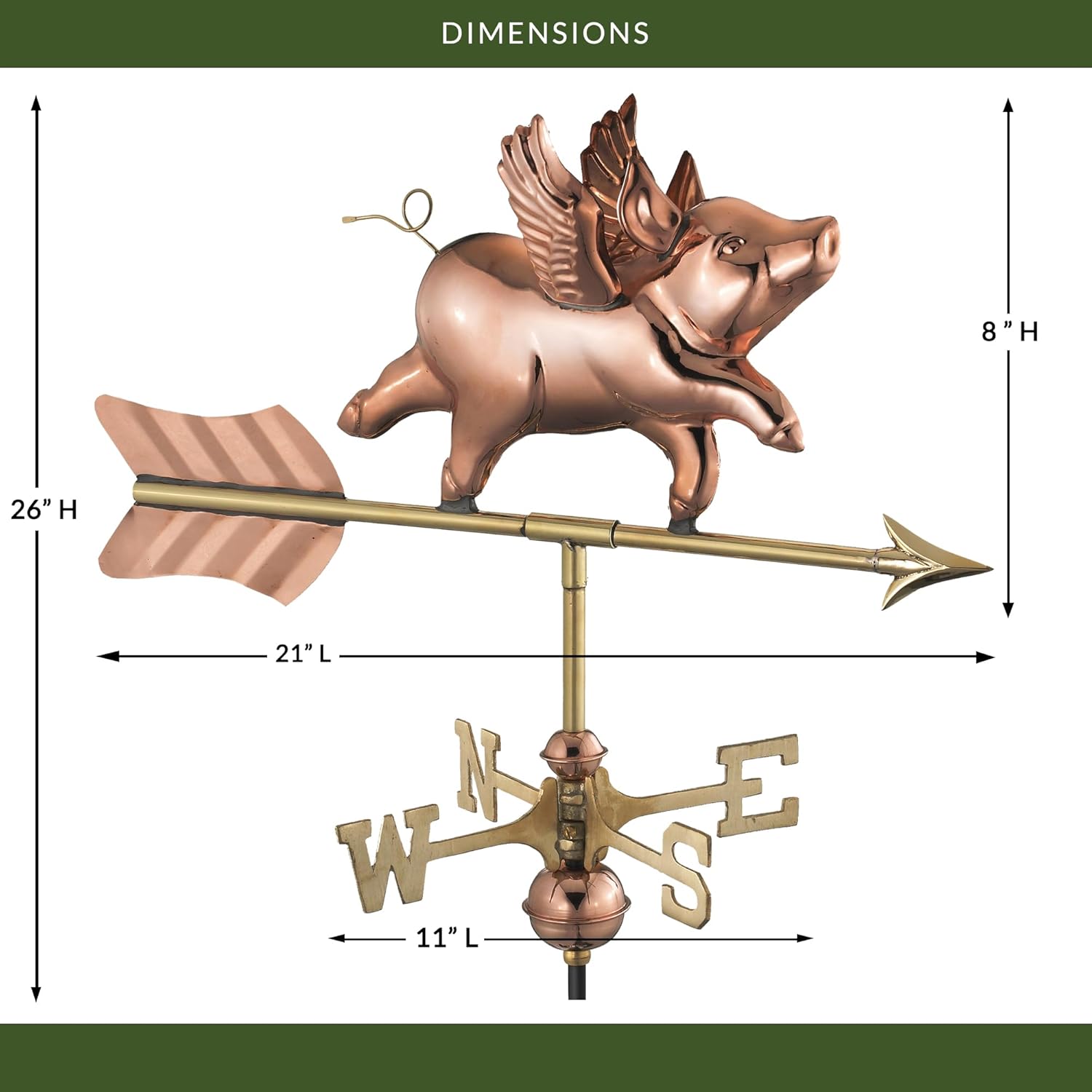 Good Directions 8840PR Flying Pig Cottage Weathervane, Polished Copper with Roof Mount