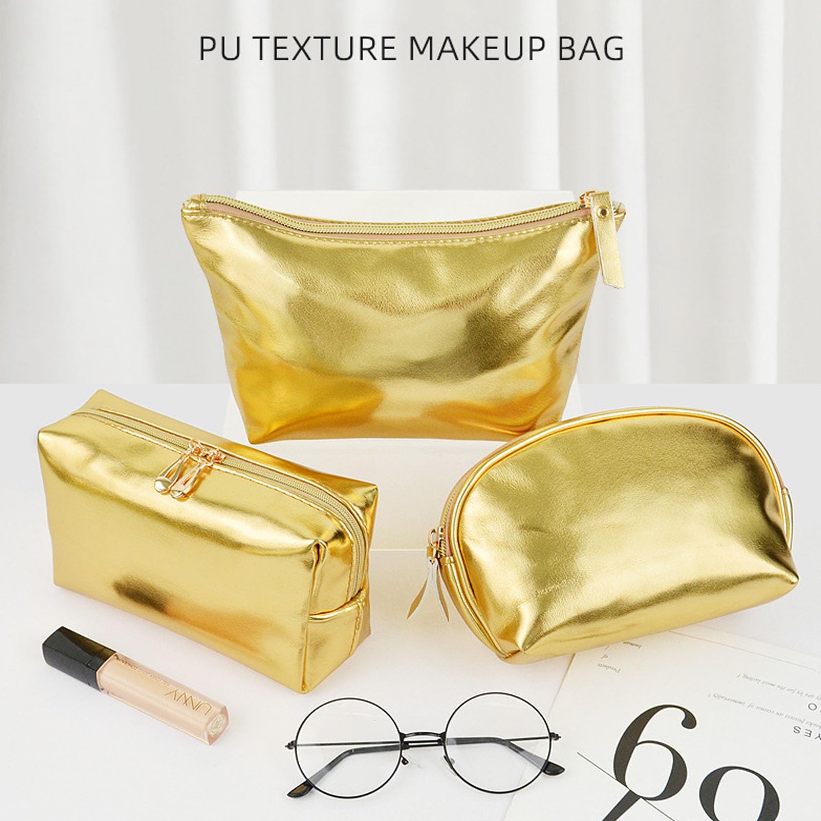 Artkingdome 3Pieces Fashion Organizer Make UP Borse Cosmetici Borsa Portatile Viaggio Toiletry Bag Multifunzionale Storage, Oro