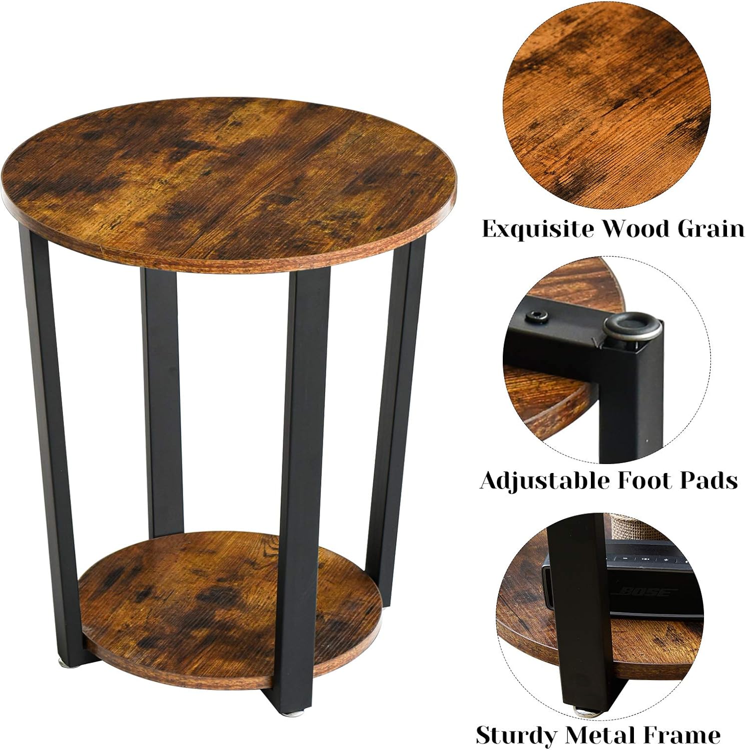 YMYNY Industrial End Table, 2 Tier Round Side Table with Sturdy Metal Frame, Vintage Nightstand for Living Room, Bedroom, Easy Assembly, Rustic Brown : Home & Kitchen